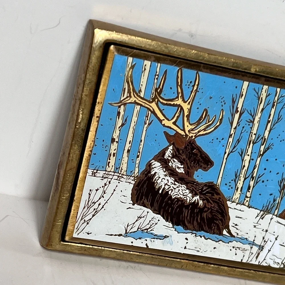 Vintage NAP, Inc Brass Belt Buckle Elk Deer Hunting Western 1980s